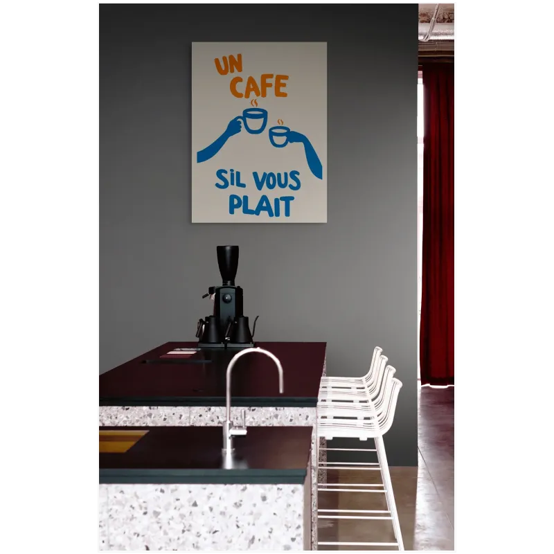 Αφίσα Un Cafe Sil Vous Plait Ρετρό Τυπογραφία Μπλε Πορτοκαλί