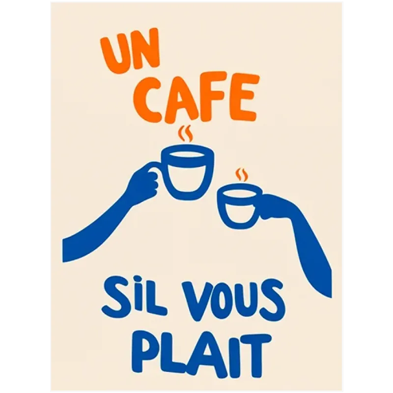 Αφίσα Un Cafe Sil Vous Plait Ρετρό Τυπογραφία Μπλε Πορτοκαλί