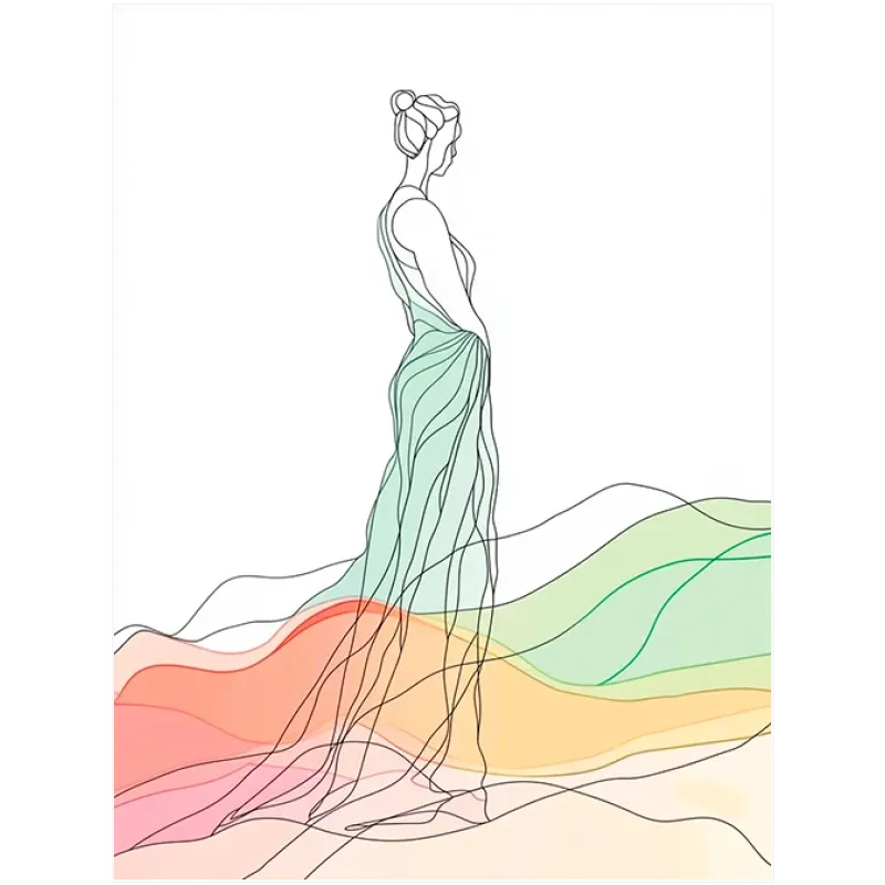 Κομψή Γυναικεία Φιγούρα Line Art σε Ροζ και Πράσινο Παστέλ