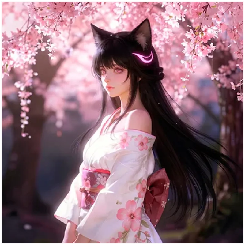 Anime Κορίτσι με Αυτιά Γάτας σε Ανθισμένες Κερασιές