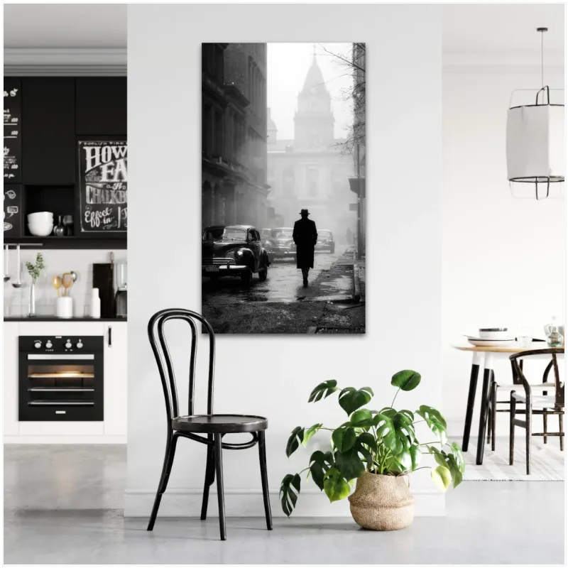 Mysterious Silhouette in Foggy Vintage Street Noir