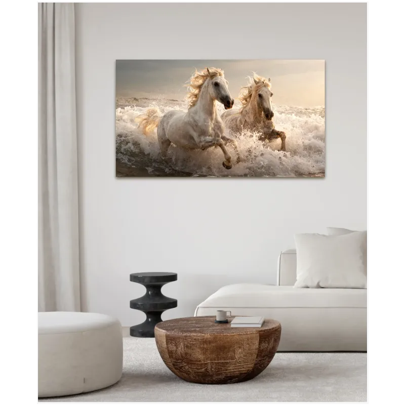 Two White Horses Running in Ocean Waves