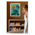 Ancient Temple with Orange Trees Teal Landscape