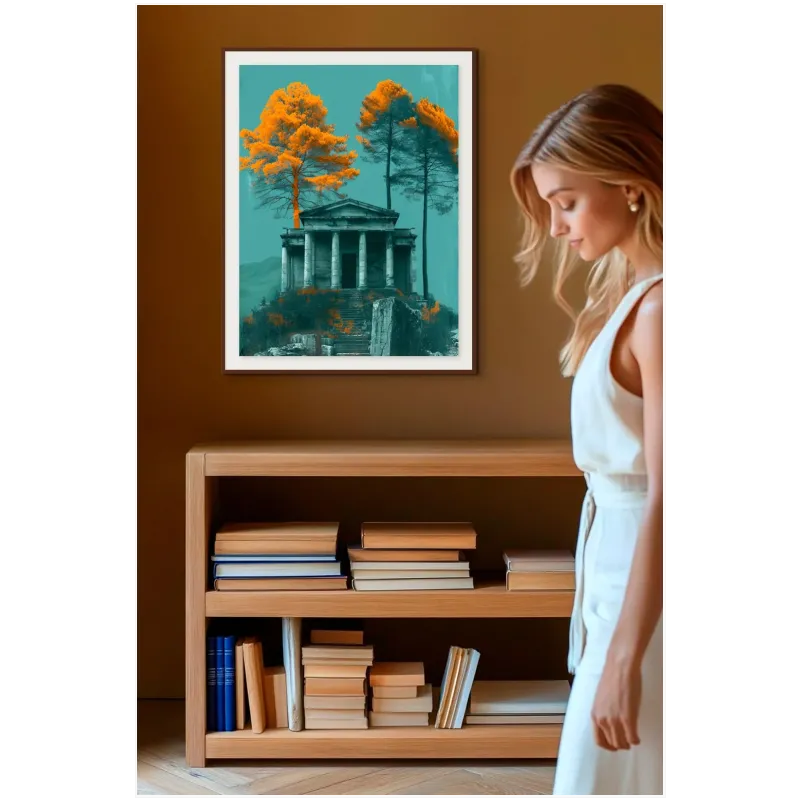 Αρχαίος Ναός με Πορτοκαλί Δέντρα Teal Τοπίο