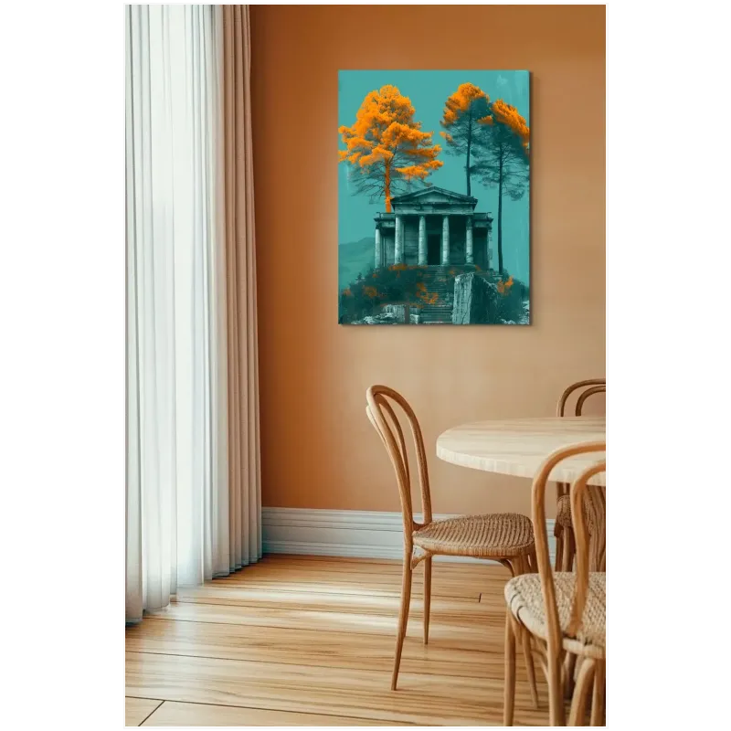 Ancient Temple with Orange Trees Teal Landscape