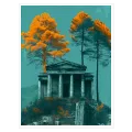 Ancient Temple with Orange Trees Teal Landscape