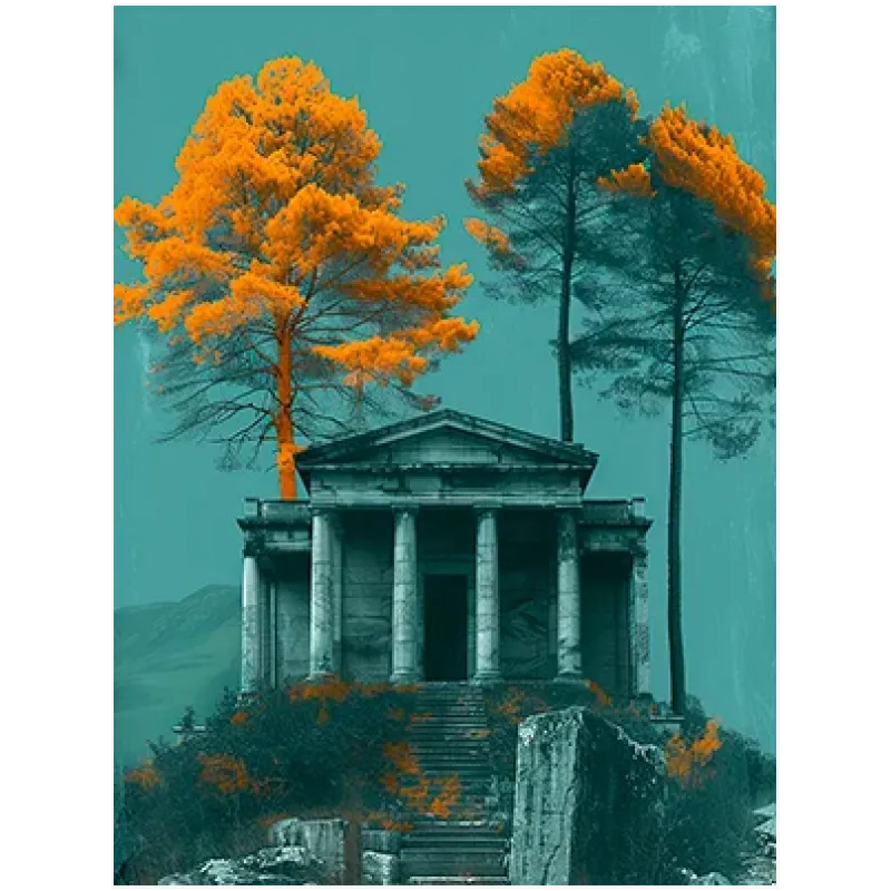 Αρχαίος Ναός με Πορτοκαλί Δέντρα Teal Τοπίο