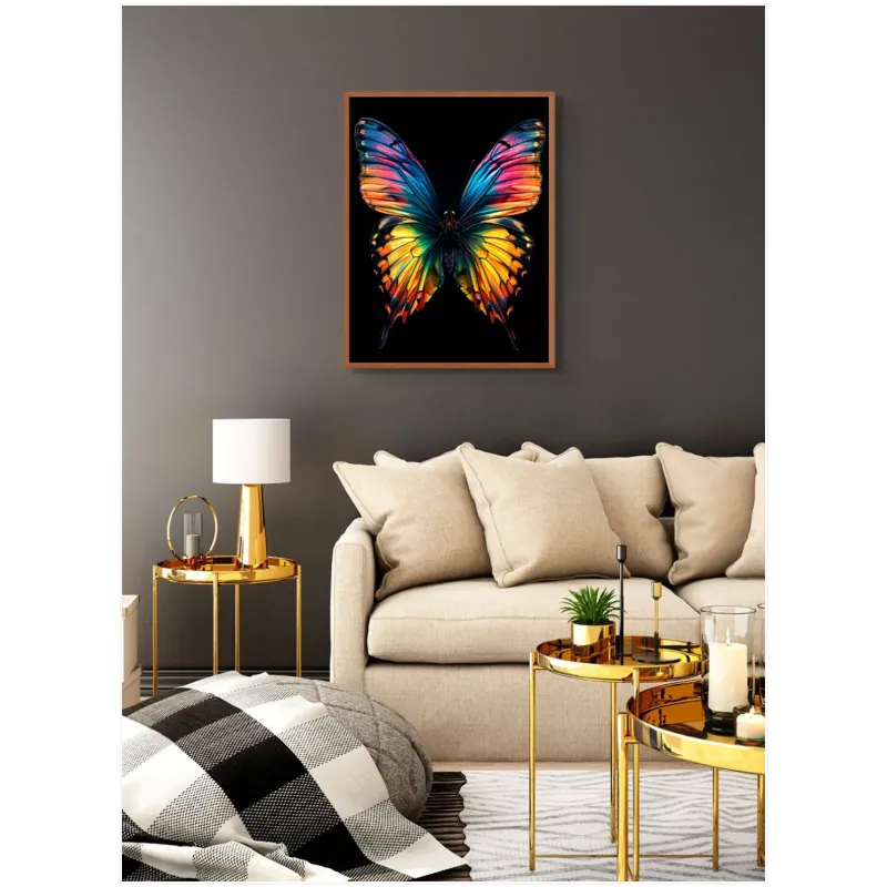 Vibrant Rainbow Butterfly on Black Background Canvas Art