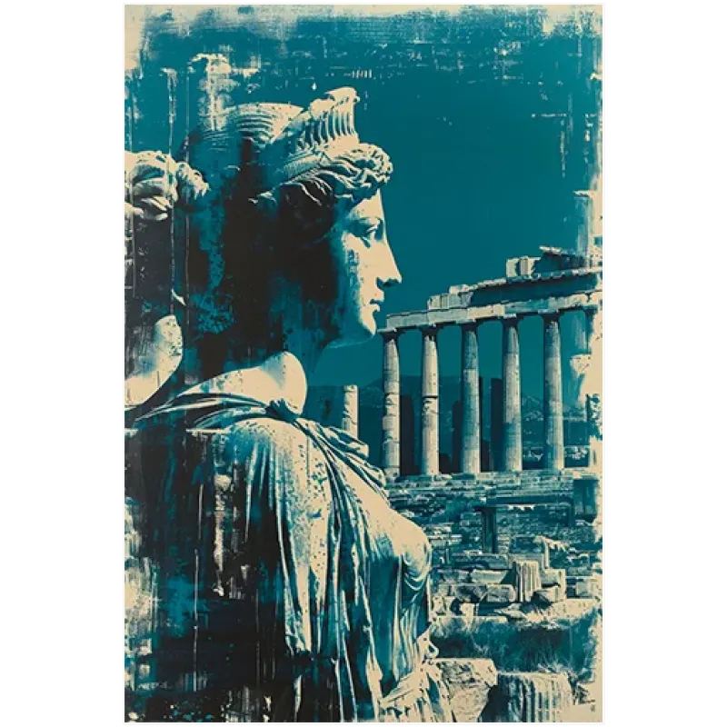 Αρχαίο Ελληνικό Άγαλμα και Παρθενώνας σε Μοντέρνο Μπλε Φόντο