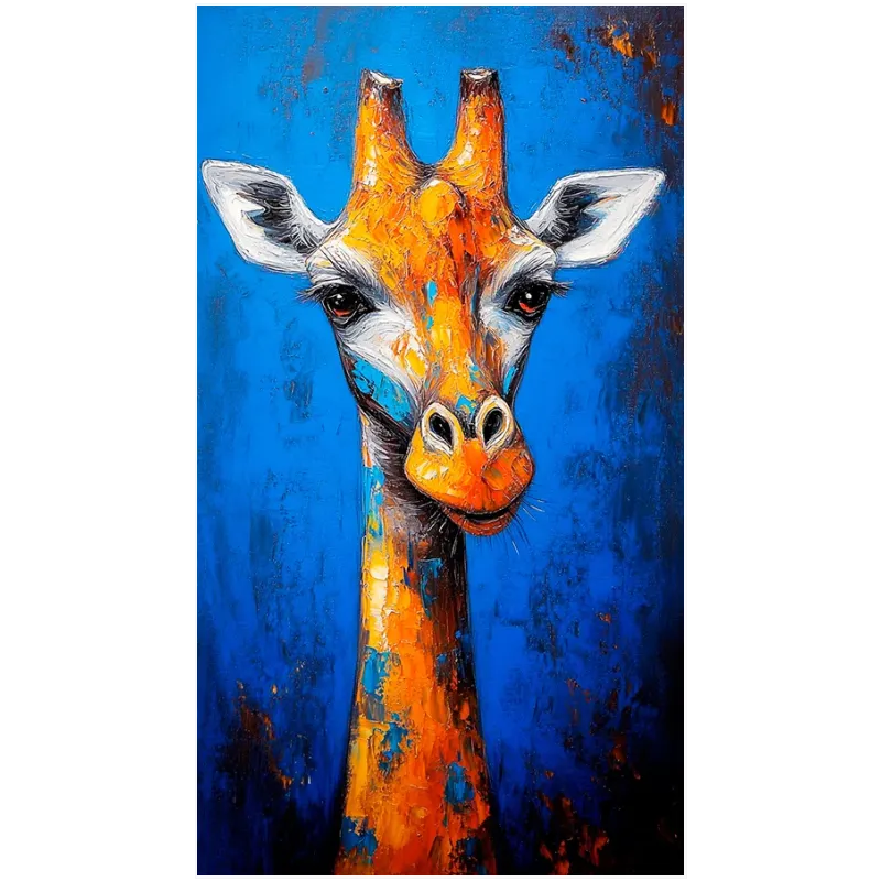 Vivid Giraffe Portrait Impasto Oil Painting Blue