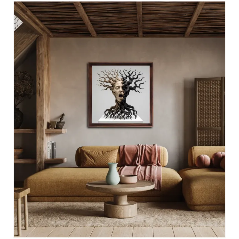 Surreal Tree Human Face Sculpture Beige Black