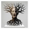Surreal Tree Human Face Sculpture Beige Black