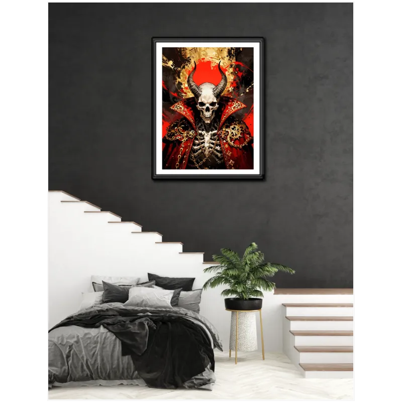 Horned Demon Skull Dark Fantasy Crimson Gold Canvas