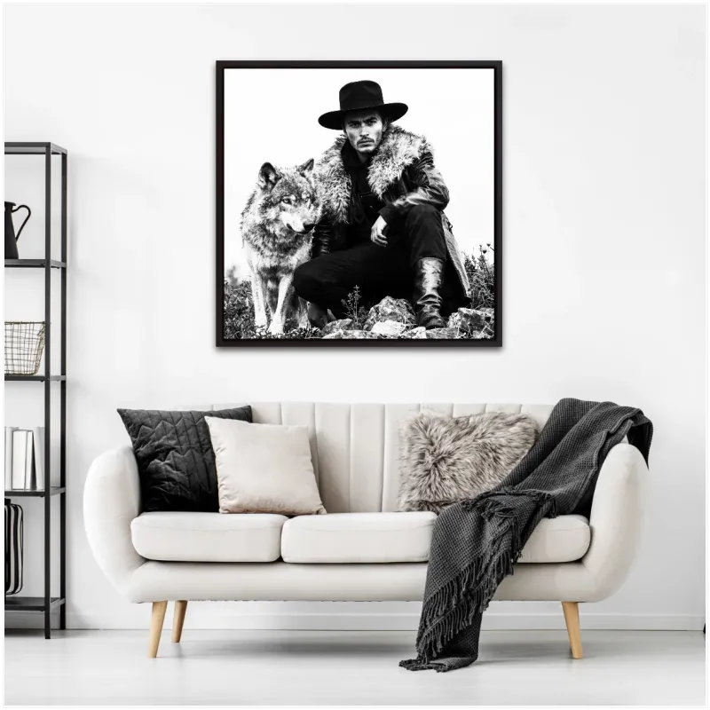Man in Hat with Wolf Black White Portrait