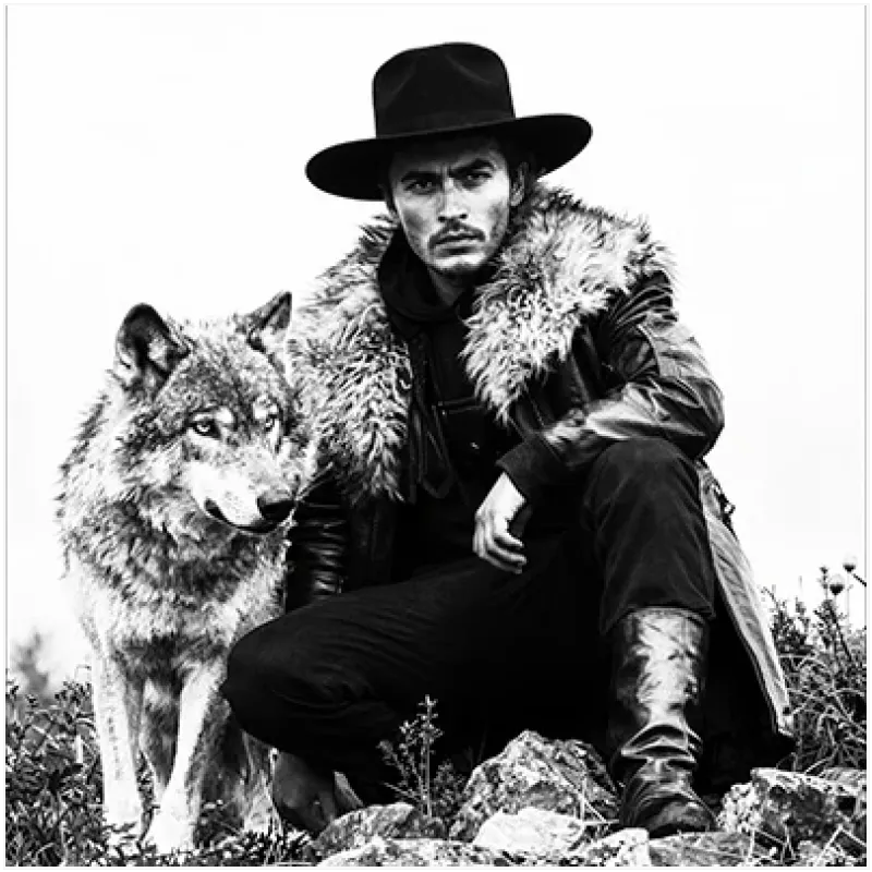Man in Hat with Wolf Black White Portrait
