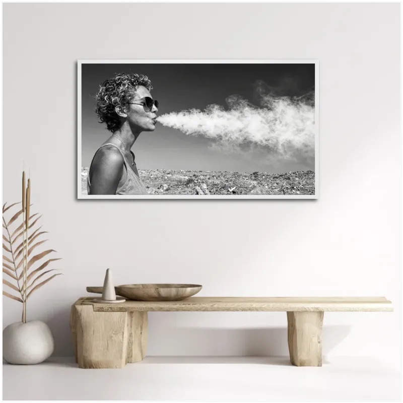 Woman with Sunglasses blowing Smoke Black and White Portrait