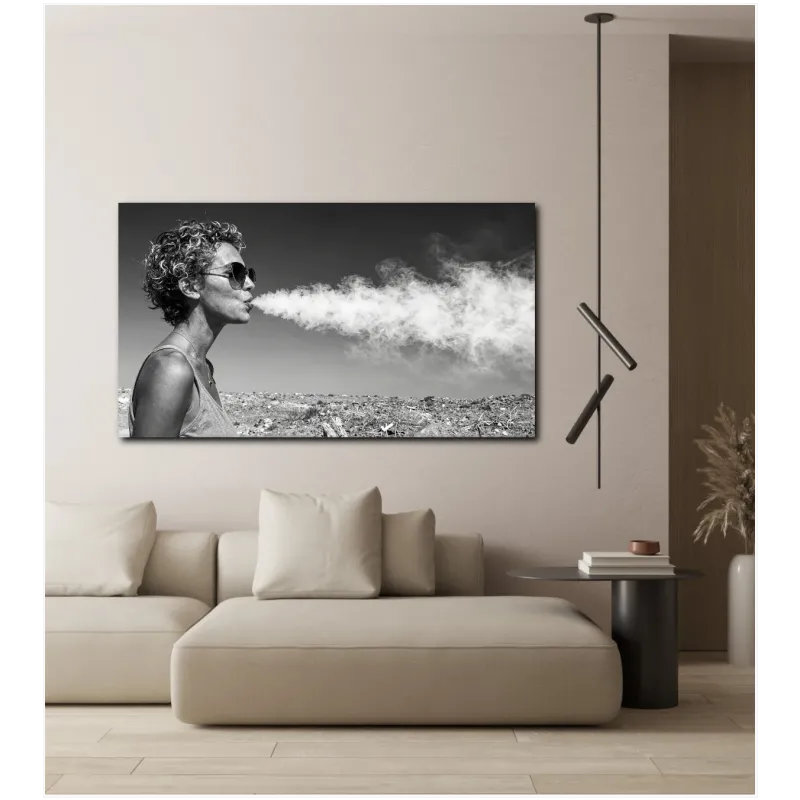 Woman with Sunglasses blowing Smoke Black and White Portrait