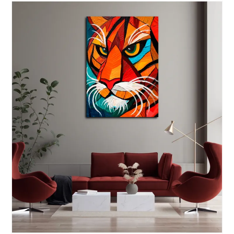 Abstract Cubist Tiger Portrait Orange Teal
