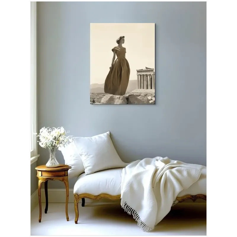 Κλασική Γυναίκα με Vintage Φόρεμα στην Ακρόπολη Σεπία