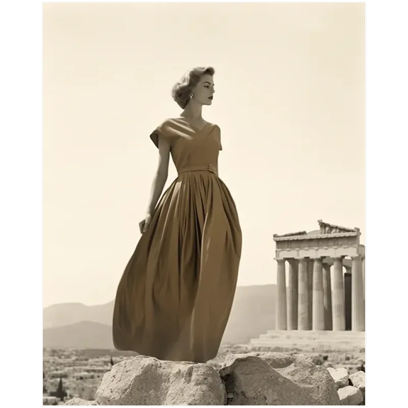 Κλασική Γυναίκα με Vintage Φόρεμα στην Ακρόπολη Σεπία