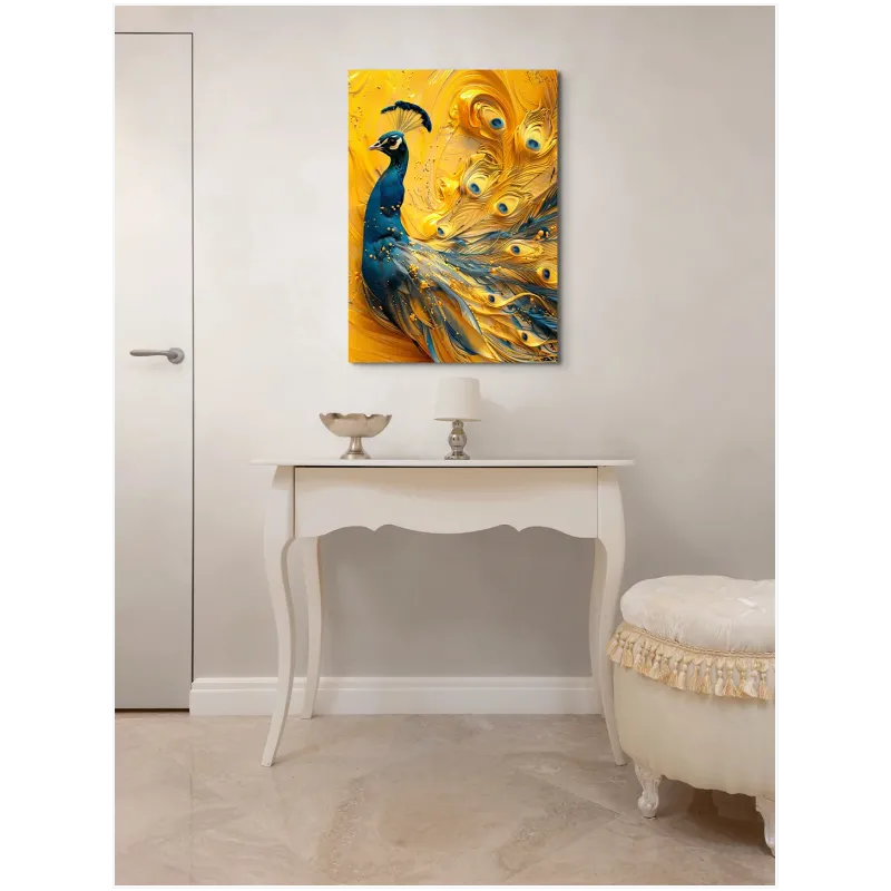 Majestic Peacock Oil Painting in Gold and Blue
