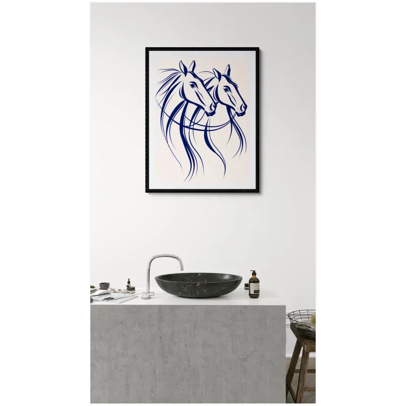 Δύο Άλογα Minimal Line Art Μπλε