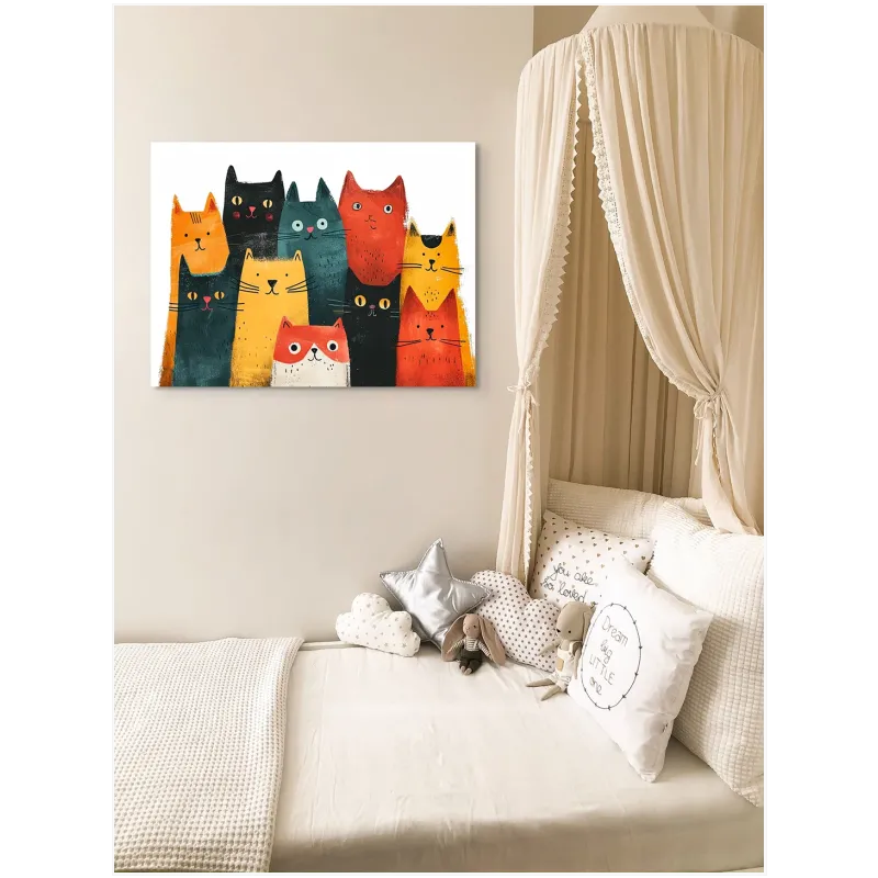Παιχνιδιάρικες Γάτες Χρωματιστή Εικονογράφηση σε Καμβά