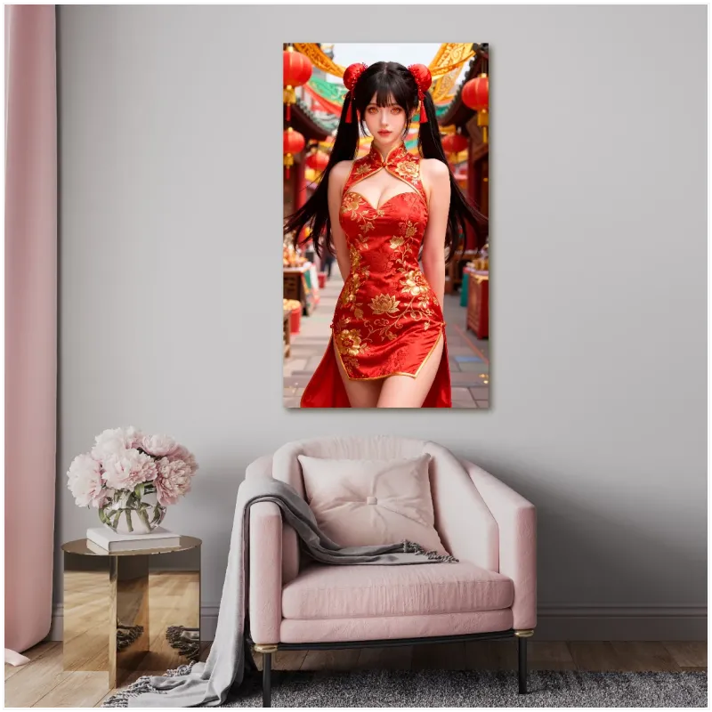 Γυναίκα με Κινέζικο Φόρεμα Cheongsam Anime Κόκκινο Χρυσό