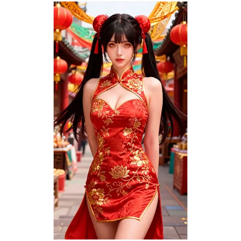 Γυναίκα με Κινέζικο Φόρεμα Cheongsam Anime Κόκκινο Χρυσό