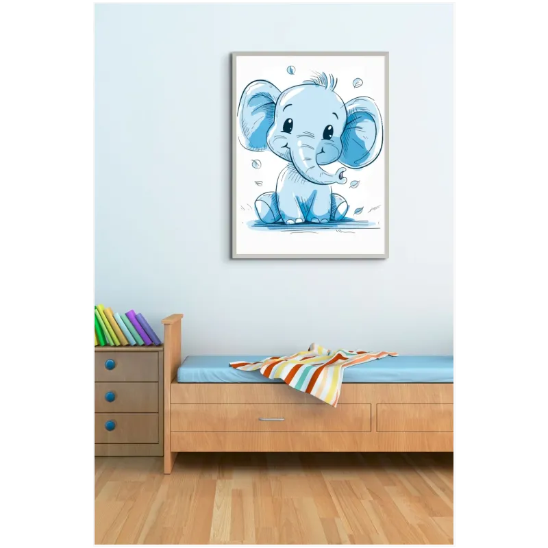 Cute Baby Elephant Blue Line Sketch Artwork