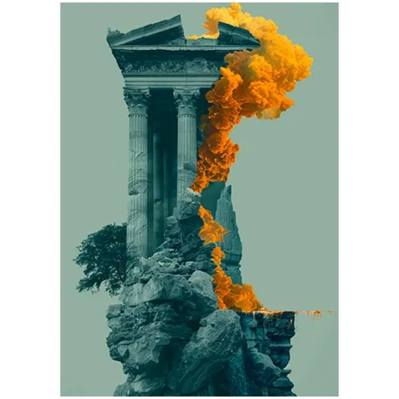 Αρχαίος Ναός με Πορτοκαλί Καπνό Σουρεαλιστικό Πράσινο