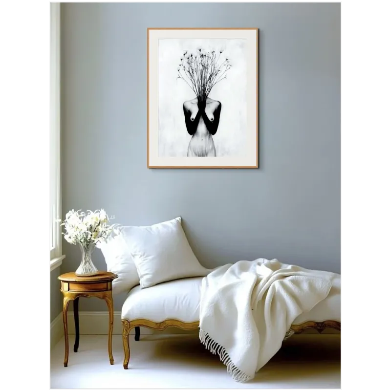 Surreal Female Body with Blossoms Black and White
