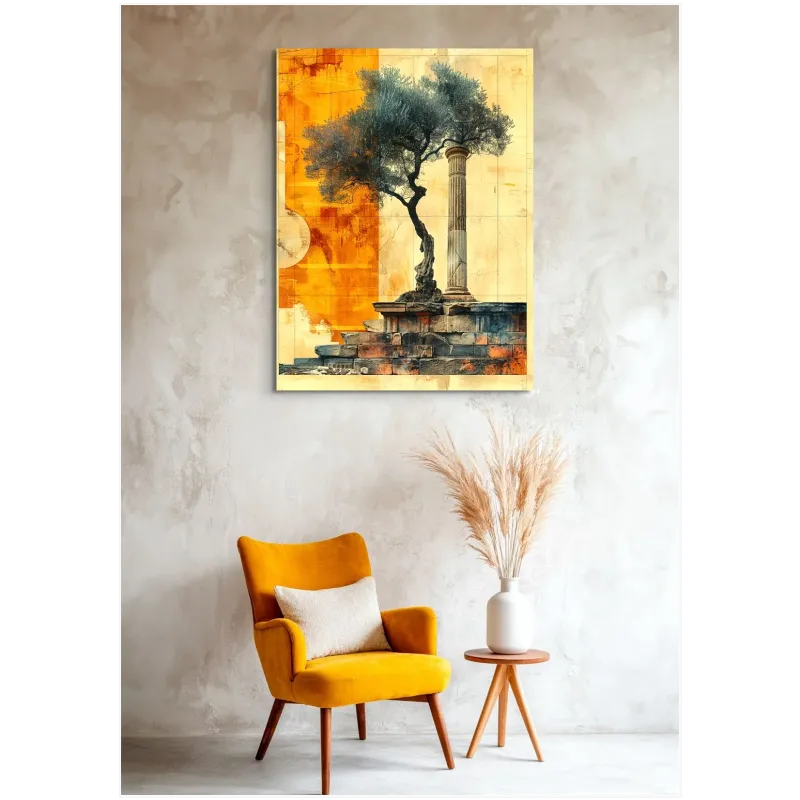 Ελαιόδεντρο και Αρχαία Κολόνα Abstract Vintage Πίνακας σε Πορτοκαλί
