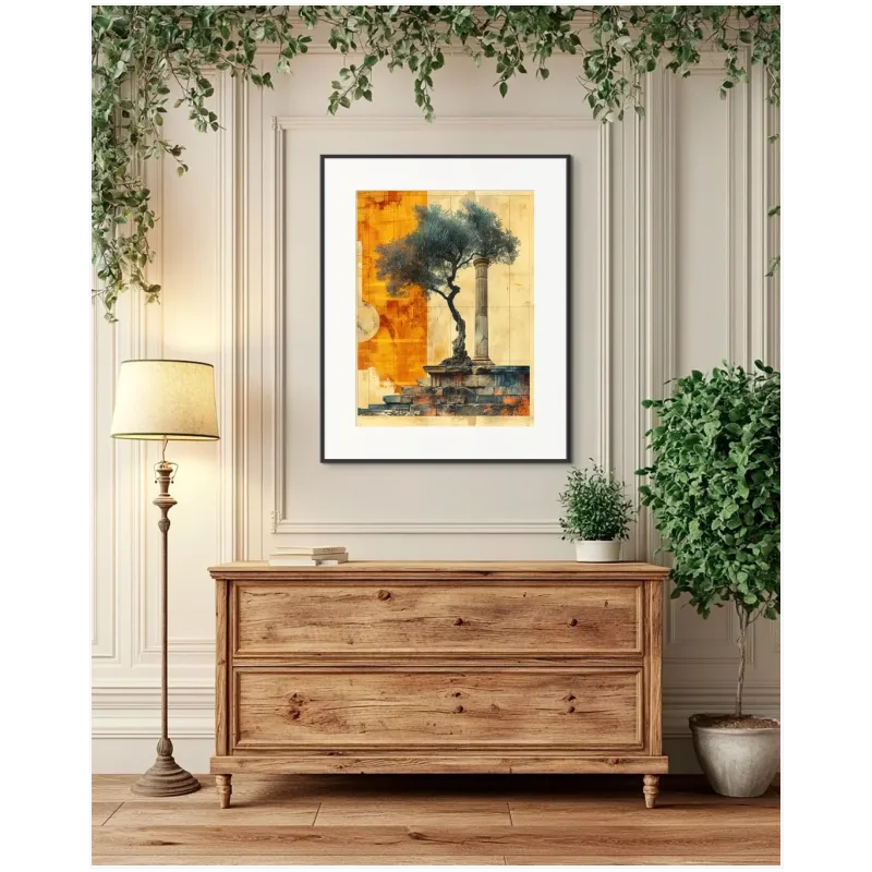 Ελαιόδεντρο και Αρχαία Κολόνα Abstract Vintage Πίνακας σε Πορτοκαλί