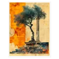 Ελαιόδεντρο και Αρχαία Κολόνα Abstract Vintage Πίνακας σε Πορτοκαλί