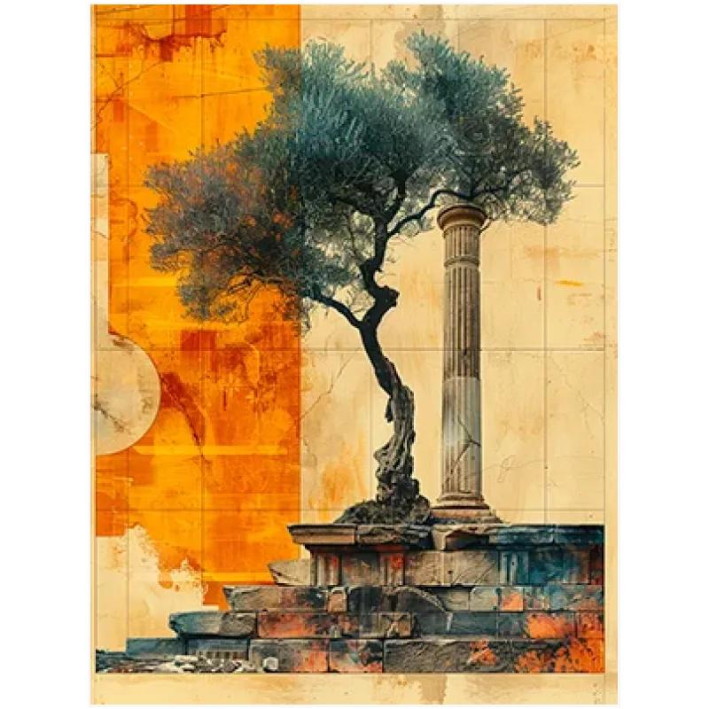 Ελαιόδεντρο και Αρχαία Κολόνα Abstract Vintage Πίνακας σε Πορτοκαλί
