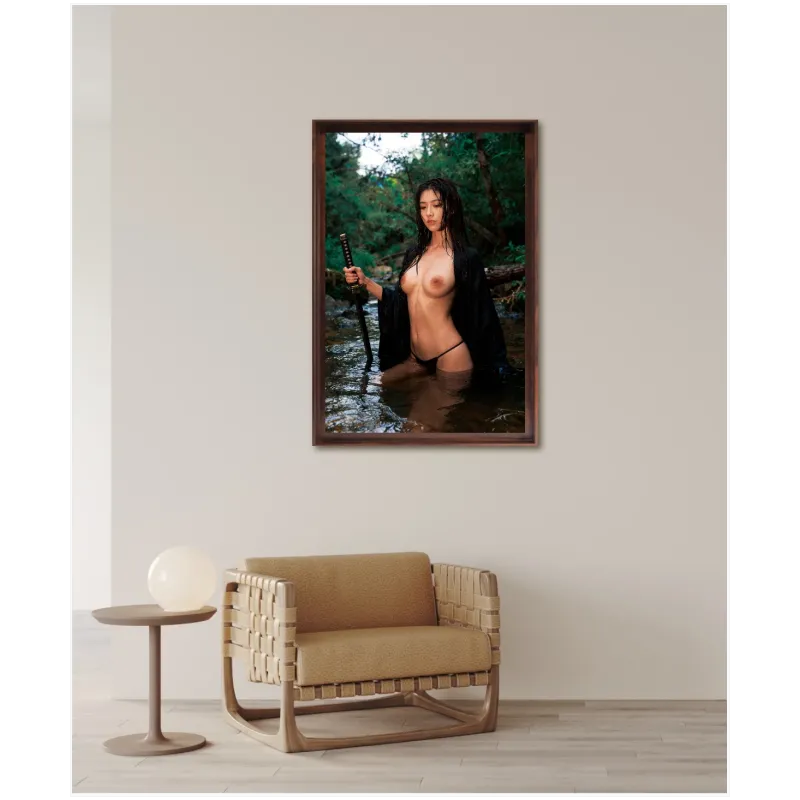Warrior Woman with Katana Sword in Forest Stream