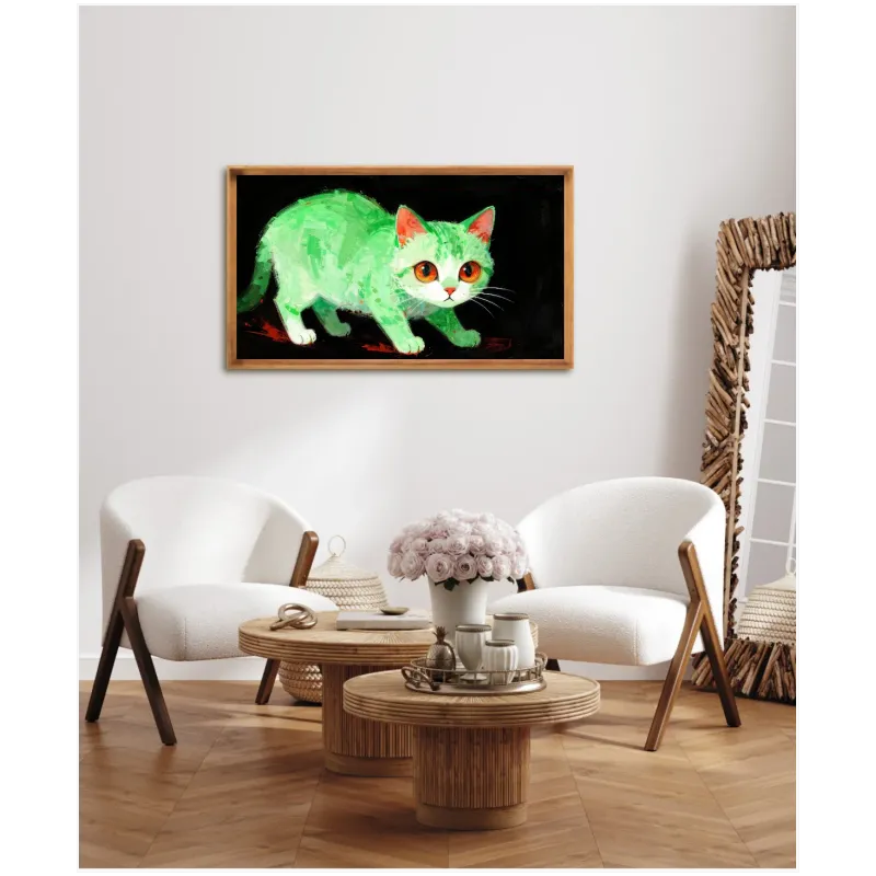 Πράσινη Γάτα Expressive Impasto Art σε Μαύρο Φόντο