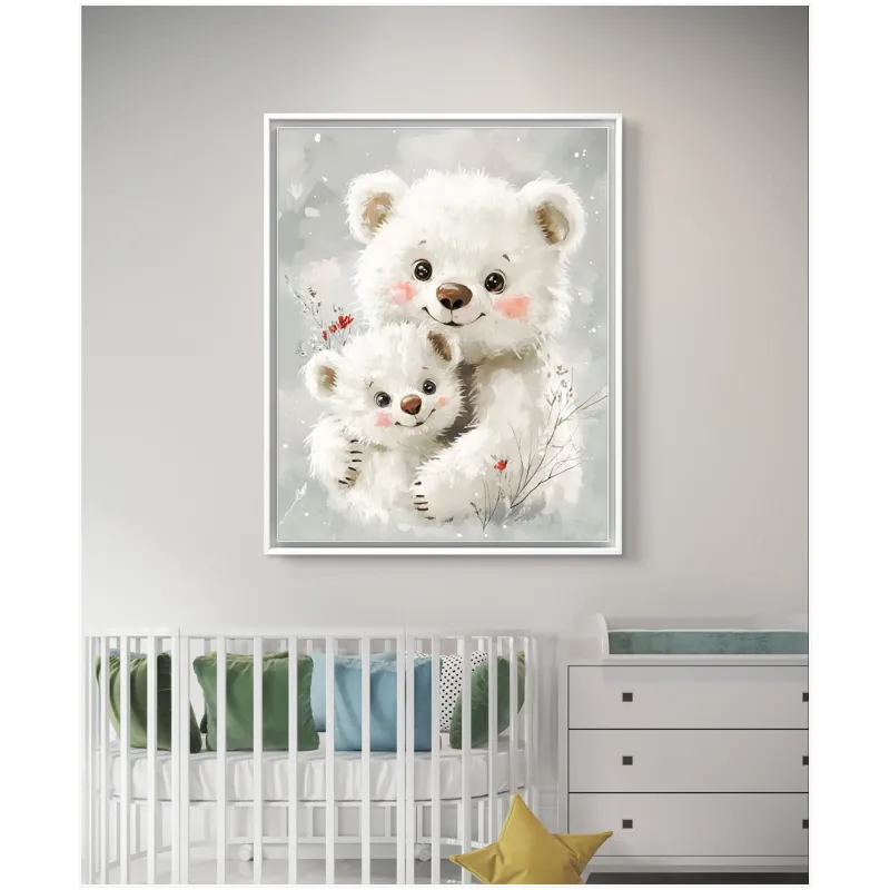 Bear Family Cute Watercolor Art White Grey Canvas