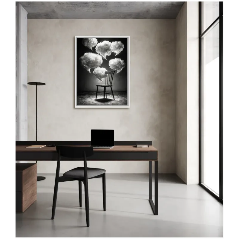 Wooden Chair with Thought Clouds Black White Surreal Art
