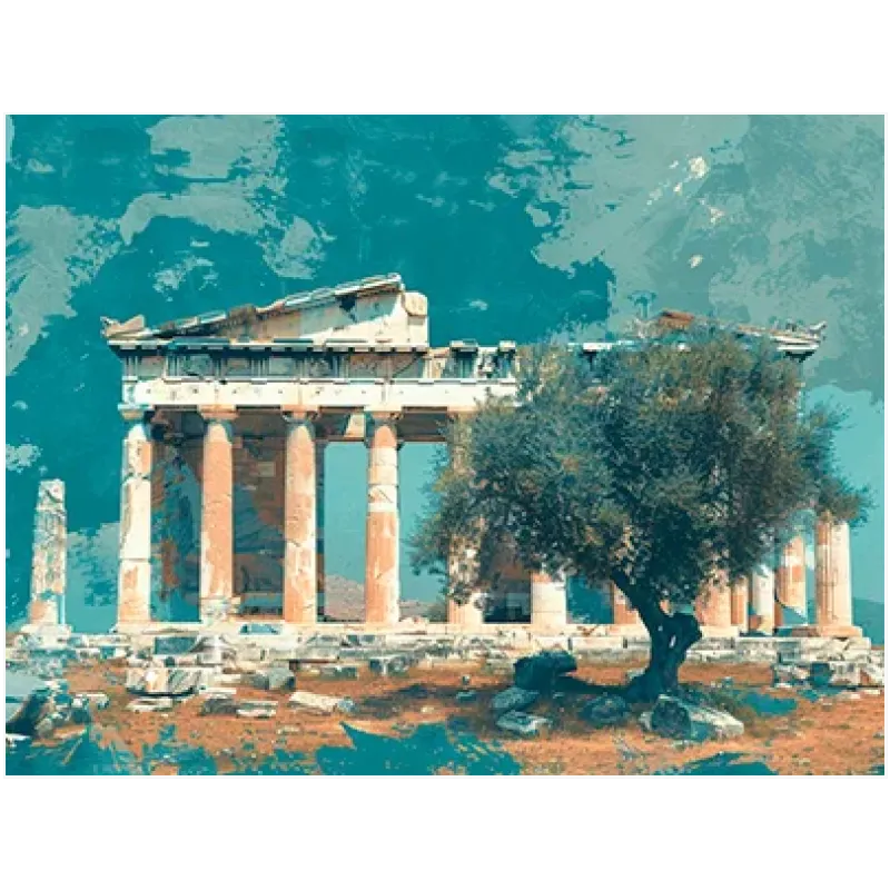 Αρχαίος Ελληνικός Ναός με Ελιά Καλλιτεχνικός Τυρκουάζ