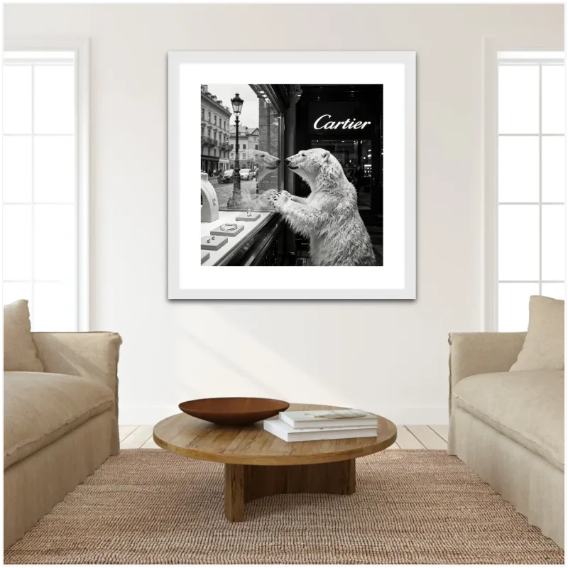 Polar Bear at Cartier Boutique Black and White Art Canvas