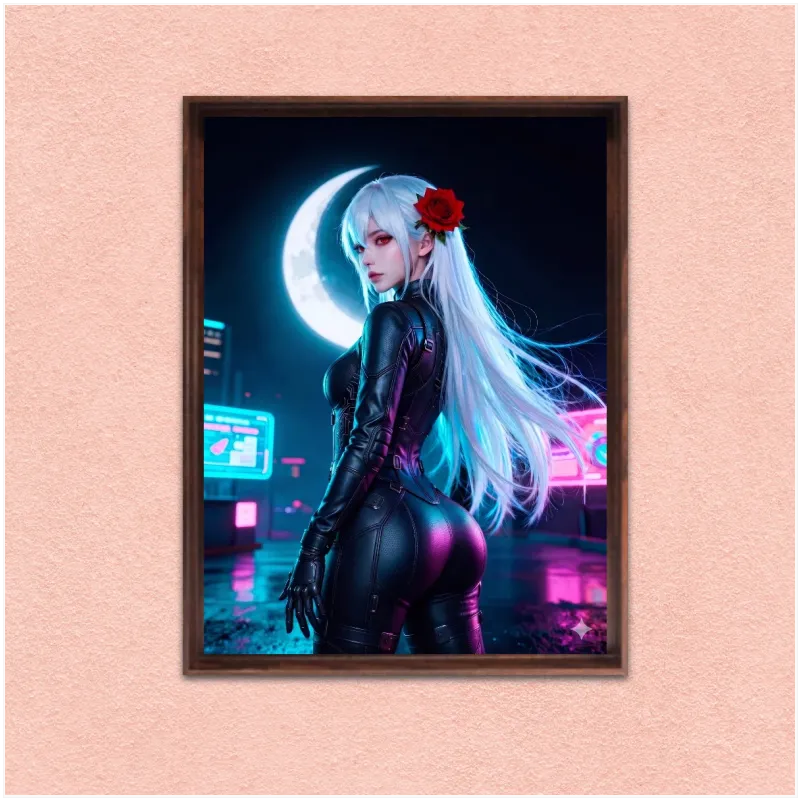 Γυναίκα Anime Cyberpunk με Κόκκινο Τριαντάφυλλο και Φεγγάρι