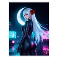 Γυναίκα Anime Cyberpunk με Κόκκινο Τριαντάφυλλο και Φεγγάρι