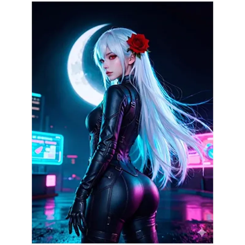 Γυναίκα Anime Cyberpunk με Κόκκινο Τριαντάφυλλο και Φεγγάρι