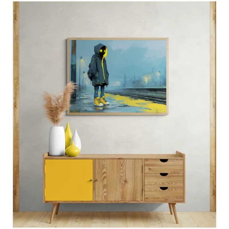 Rainy Station Figure Sci-Fi Blue Yellow