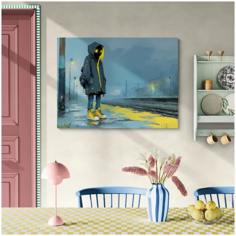 Rainy Station Figure Sci-Fi Blue Yellow