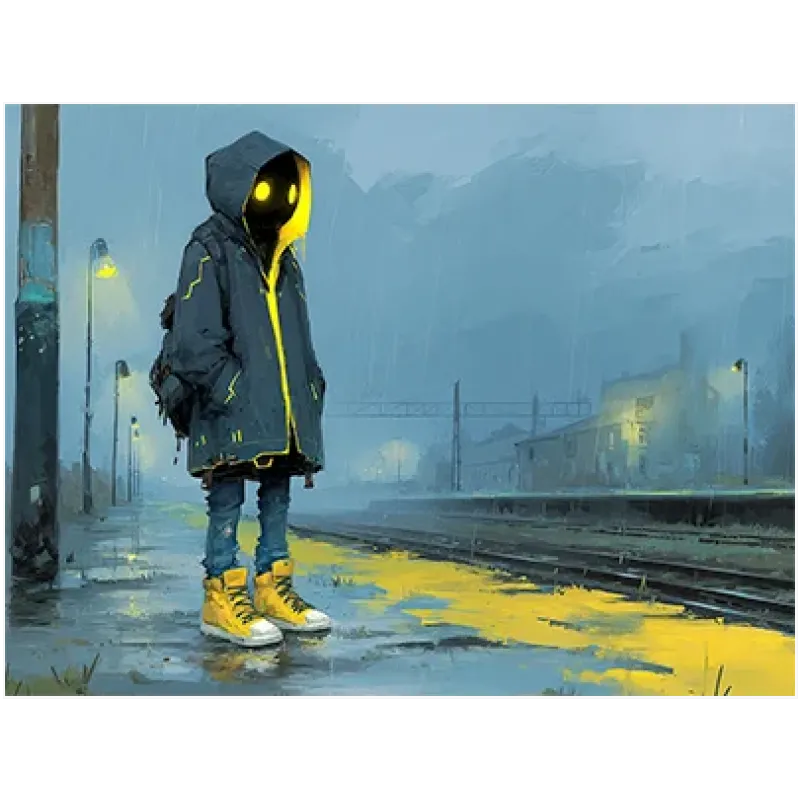 Rainy Station Figure Sci-Fi Blue Yellow