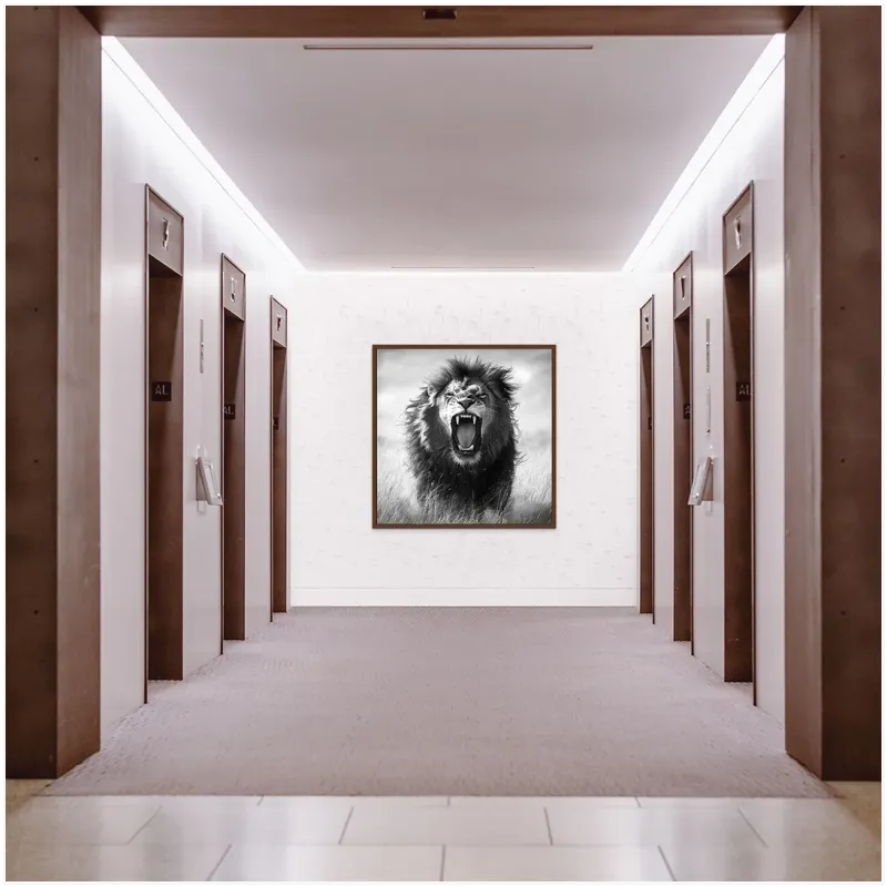 Roaring Lion Dynamic Black and White Wildlife Artwork