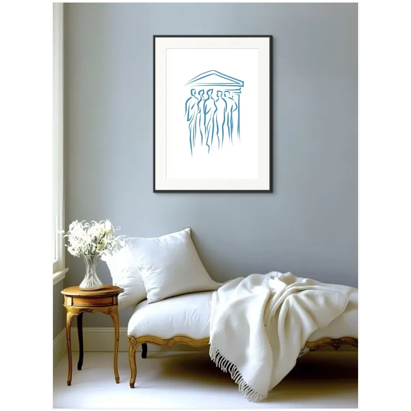 Ancient Greek Agora Minimal Line Art Blue